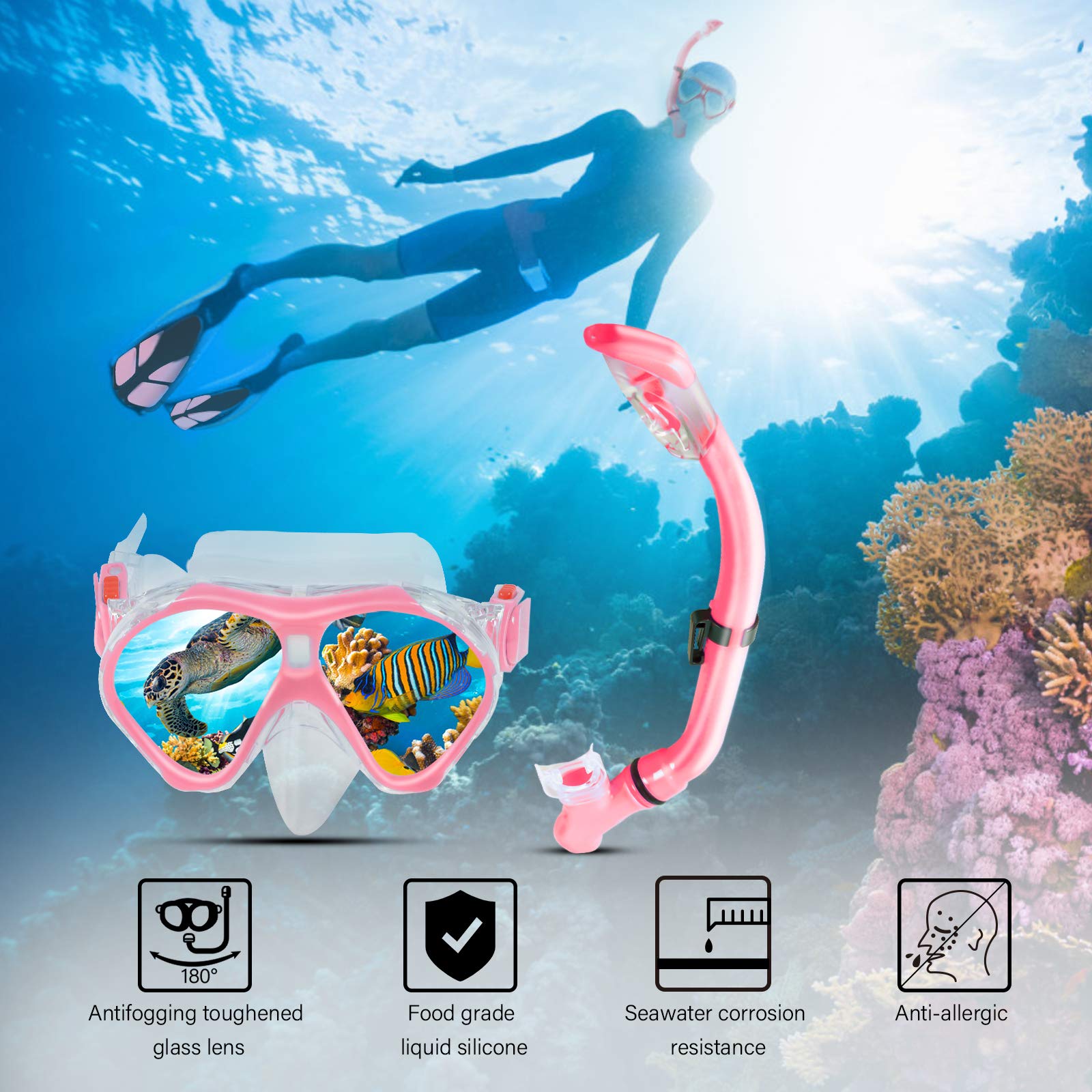 Zestaw do nurkowania dla dzieci, maska do snorkelingu, zestaw do nurkowania, sprzęt do snorkelingu, maska do nurkowania + regulowane klapki do pływania dla dzieci, sucha rurka do nurkowania + torby podróżne (różowy)