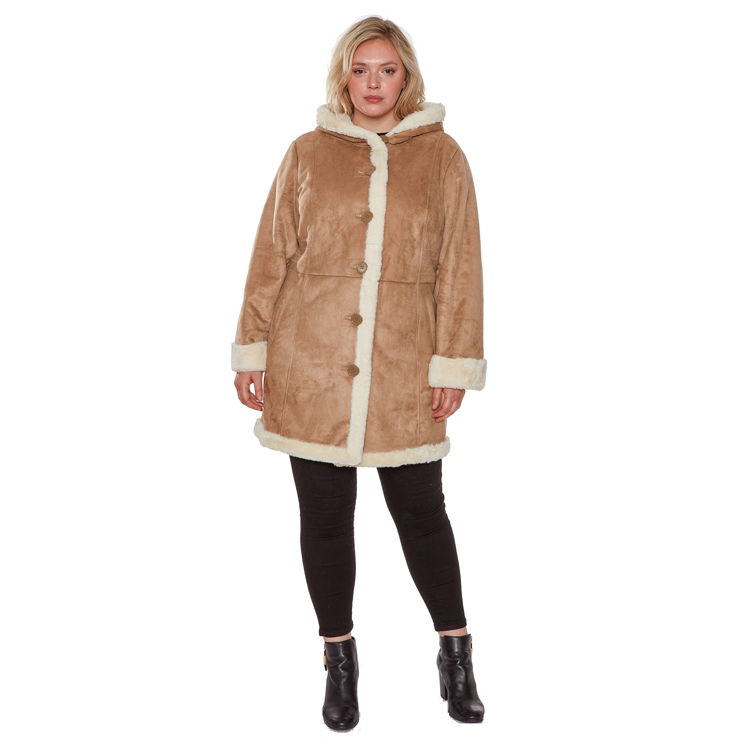 INTL d.e.t.a.i.l.s Women's Plus Size Hooded Faux Shearling Coat