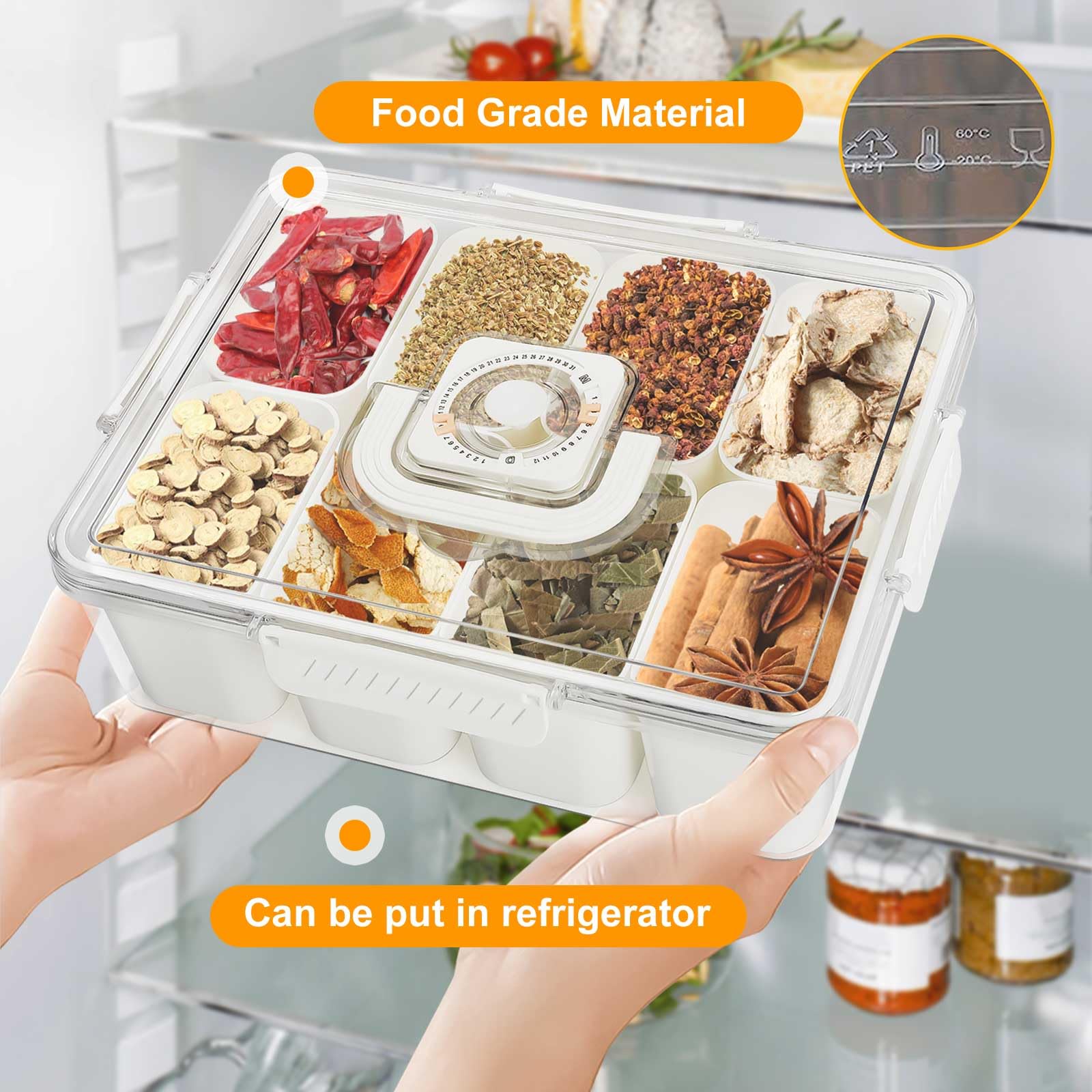 Bandeja de servir dividida con tapa y asa, contenedor portátil para aperitivos con 8 compartimentos extraíbles y temporizador para mayor frescura, ideal para fiestas, camping, viajes y aperitivos
