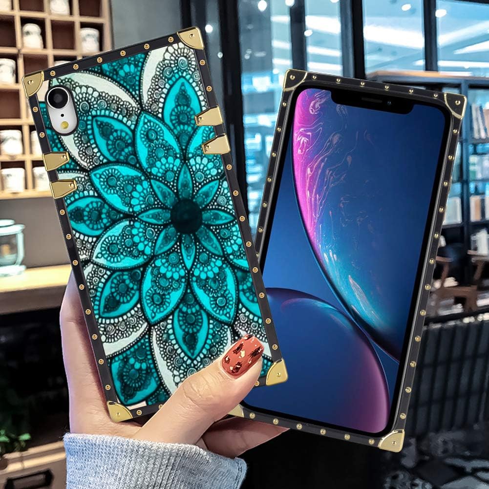 Square Case Compatible iPhone XR Blue Mandala Luxury Elegant Soft TPU Shockproof Protective Metal Decoration Corner Back Cover Case iPhone XR Case 6.1 Inch