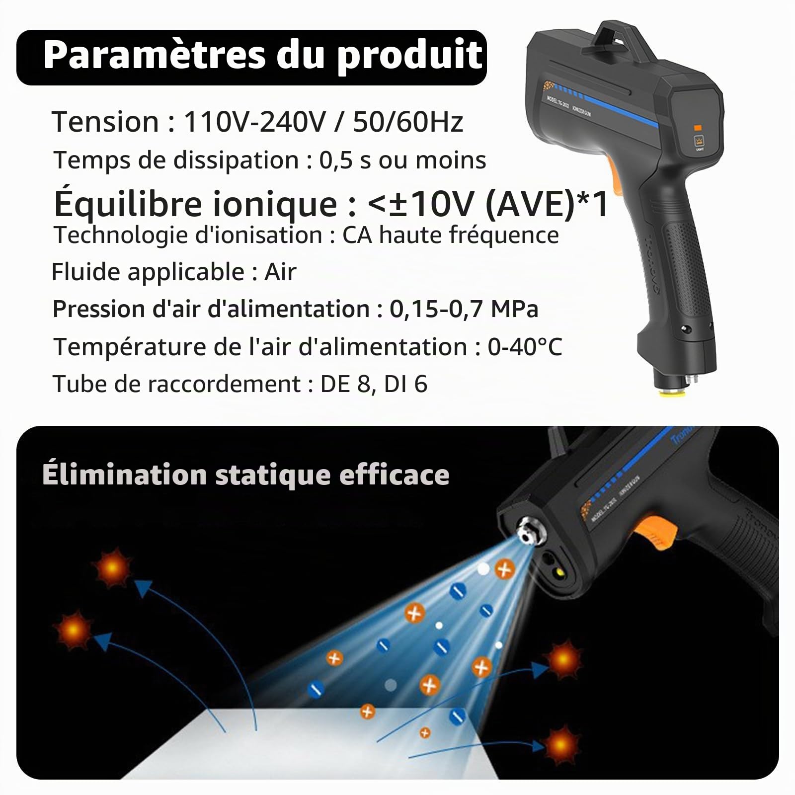 Pistolet Antistatique, Pistolet à Air Ionisé Amélioré, Pistolet Antistatique pour Peinture Automobile, pour Assemblage électronique, Emballage sous Film, Laboratoire De Précision