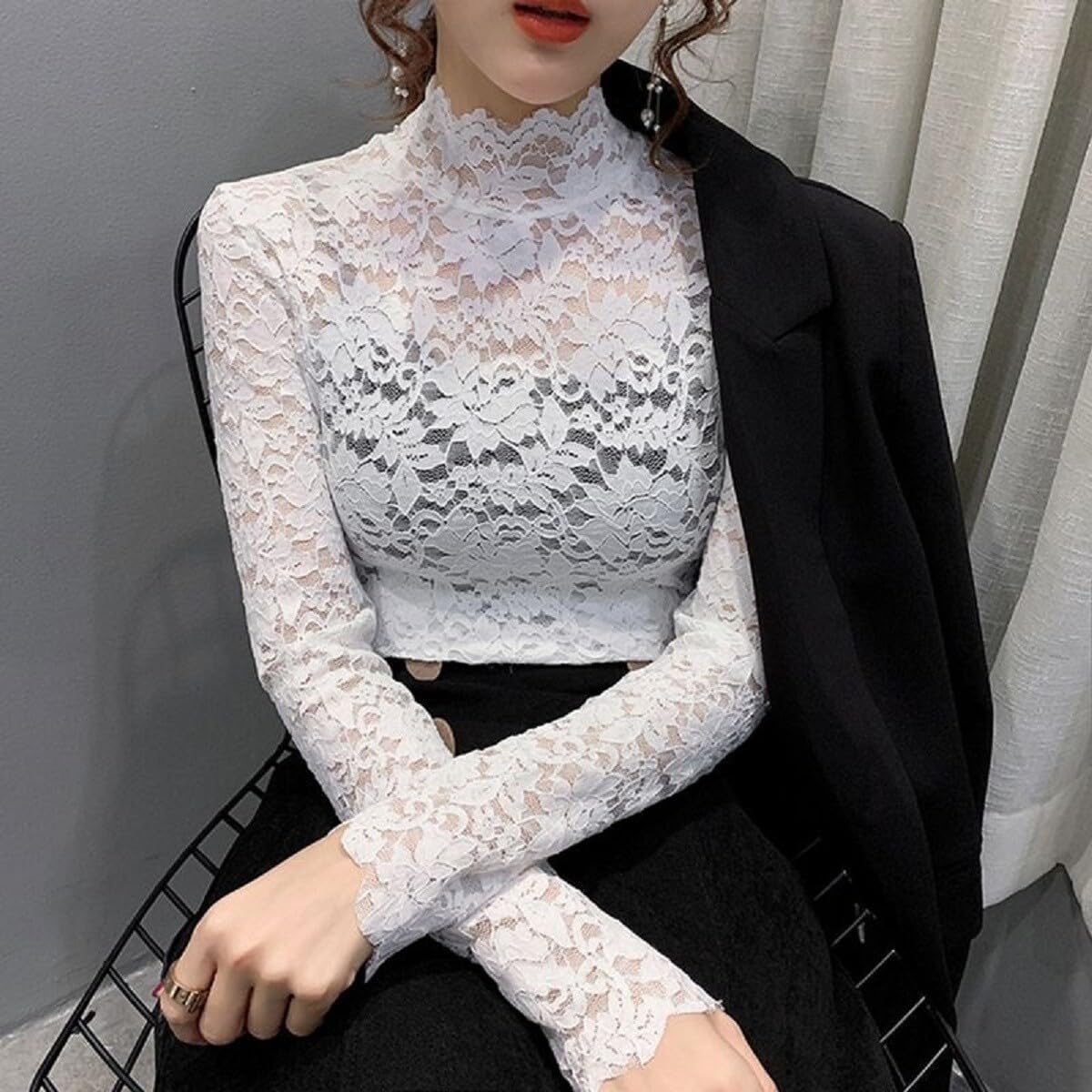 Women's Floral Lace Top Long Sleeve Mock See Through Mesh Underwear Blouse Shirt S-L - Image 5