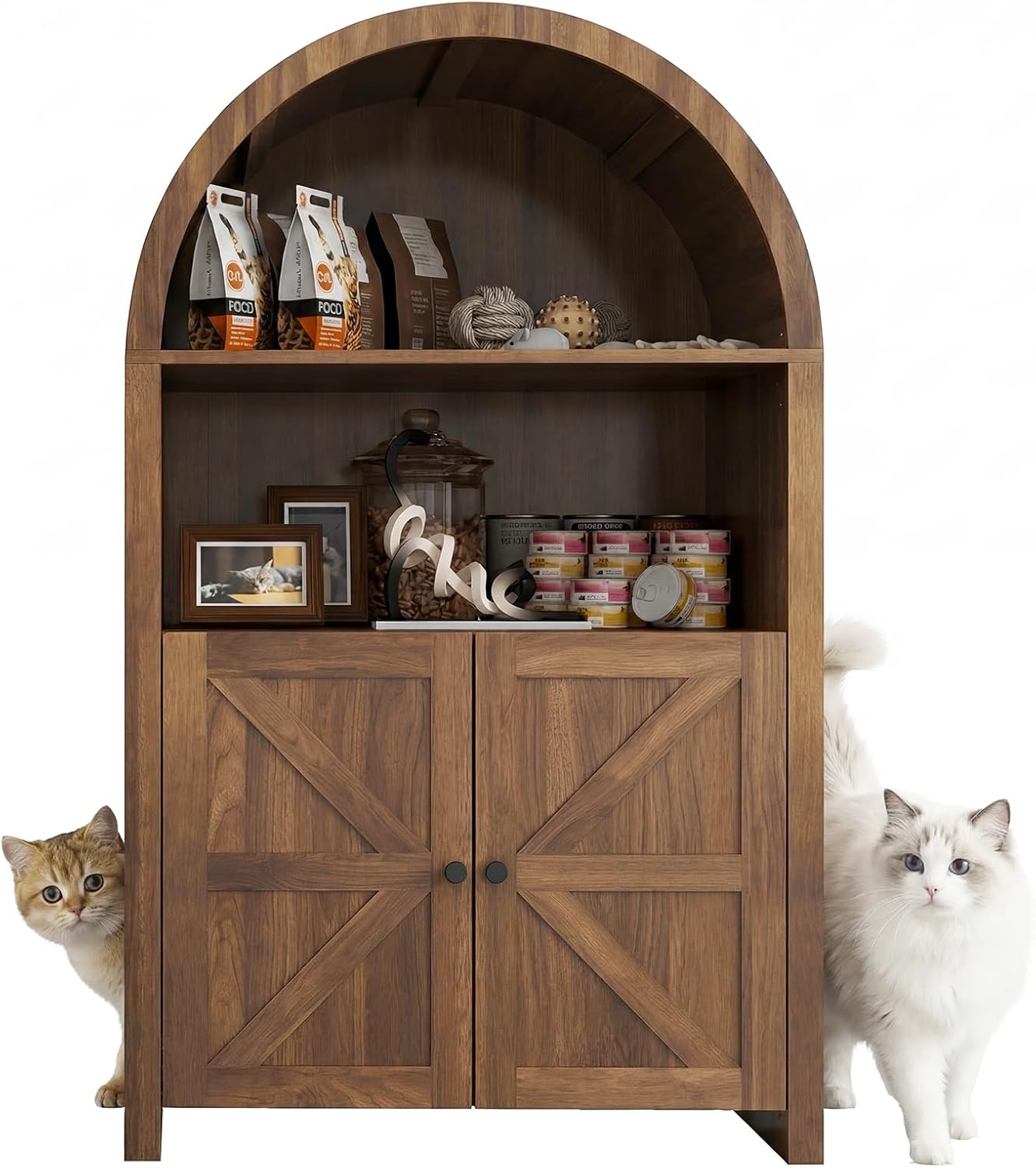Cute Arched Cat Litter Box Enclosure, 50" H Hidden Large Cat Litter Box Cabinet with Storage Rack and 2 cat Holes, Fashionable Indoor Pet Washroom