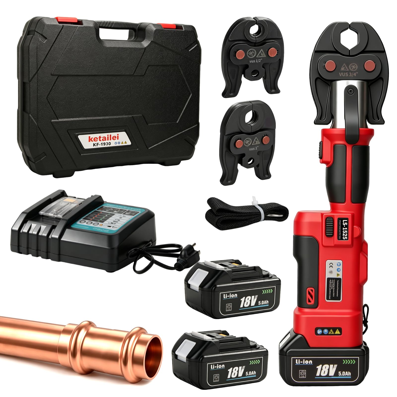 Photo 1 of ketailei Pro Press Copper Pipe Crimping Tool Kit - 2x 5.0Ah Battery Powered - 1/2" 3/4" 1" US Standard Jaws - Cordless Electric Hydraulic Copper Pipe Crimping Tool for Plumbers?KF-1930?