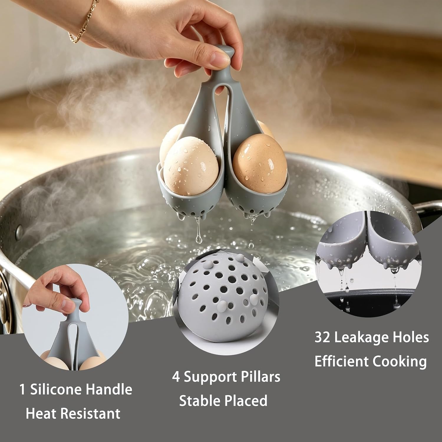 Hard Boiled Egg Holder for Boiling, Silicone Egg Boiler Rack with 4 Holders for Pot, Eggs Boiling Basket with Handle for Cooking, Kitchen Gadgets, Dishwasher Safe