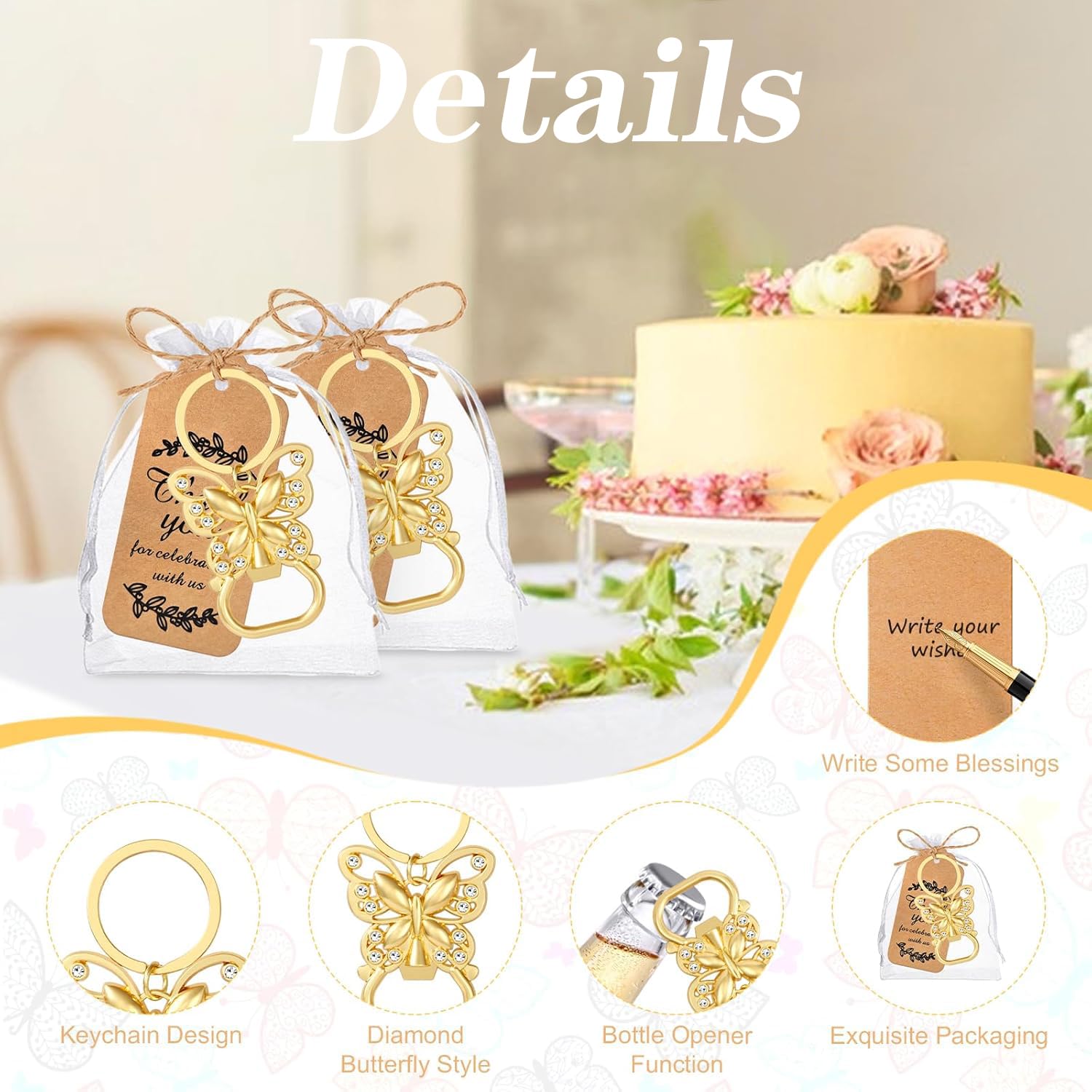 Schmetterlings-Flaschenöffner, Schlüsselanhänger, Geburtstag, Party, Gastgeschenke, Hochzeit, Brautparty, Babyparty, Souvenirs für Gäste, Gold-Bierflaschenöffner mit Dankeskarte, Taschen (50 Stück)