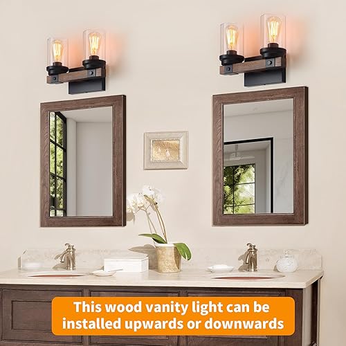 Miniatura 3 de Lámpara de tocador de baño de madera, 2 luces de granja sobre el espejo, accesorios de iluminación de madera rústica, apliques de pared vintage para