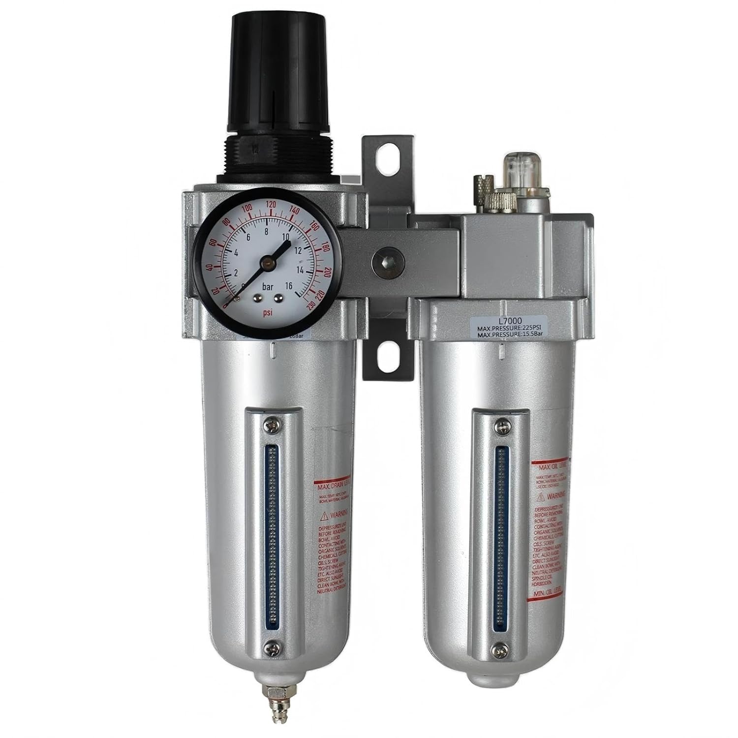 FRL726N Compressed Air Moisture Filter Regulator Oiler Separator Lubricator - for THB Compressed Air Treatment Parts - Compressor Filter Combo - 3/4" FNPT 225 PSI 140 CFM 5.1 oz L 6" W 3.5" H 10.75"