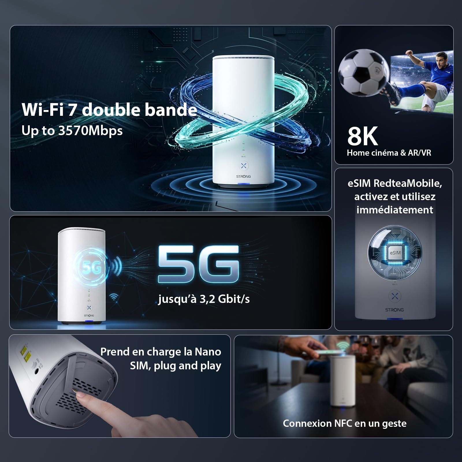 Strong Routeur 5G avec Carte SIM, Routeur WiFi 7 BE3600 Double Bande, Modem 5G jusqu'à 3,2 Gbps, Gigabit LAN/WAN, WAN Backup, NFC One-Touch, Streaming 8K, pour Maison et Bureau | Modem 5G jusqu'à 3,2 Gbps, Gigabit LAN/WAN, WAN Backup, NFC One-Touch, Strea