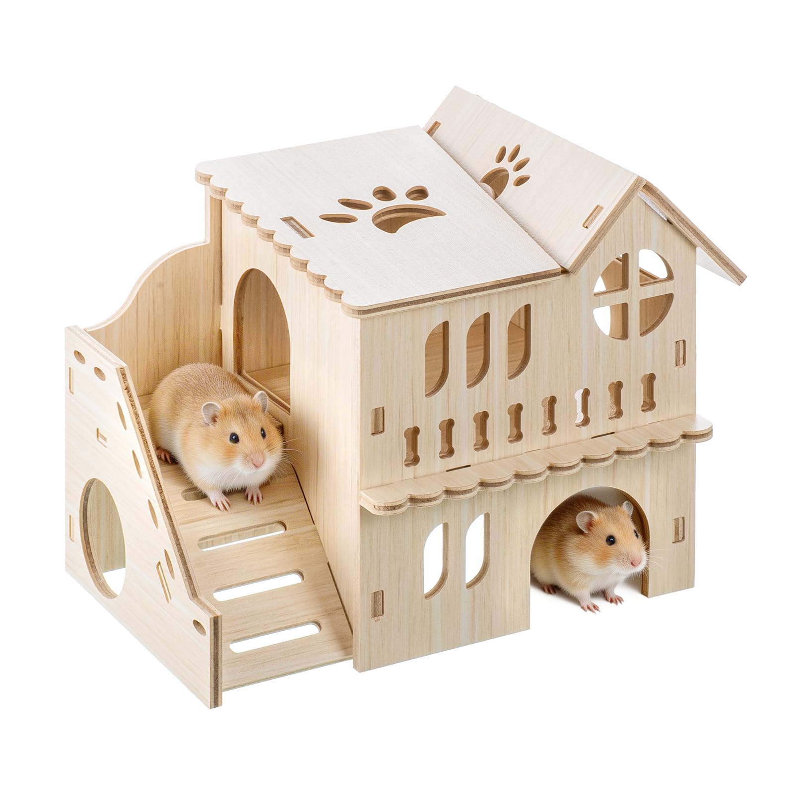 IONEKIUK Wooden Hamster House with Platform and Hideout, Hamster Accessories, 2-Story Multi Chamber Habitat for Syrian Dwarf Hamsters Gerbils Mice