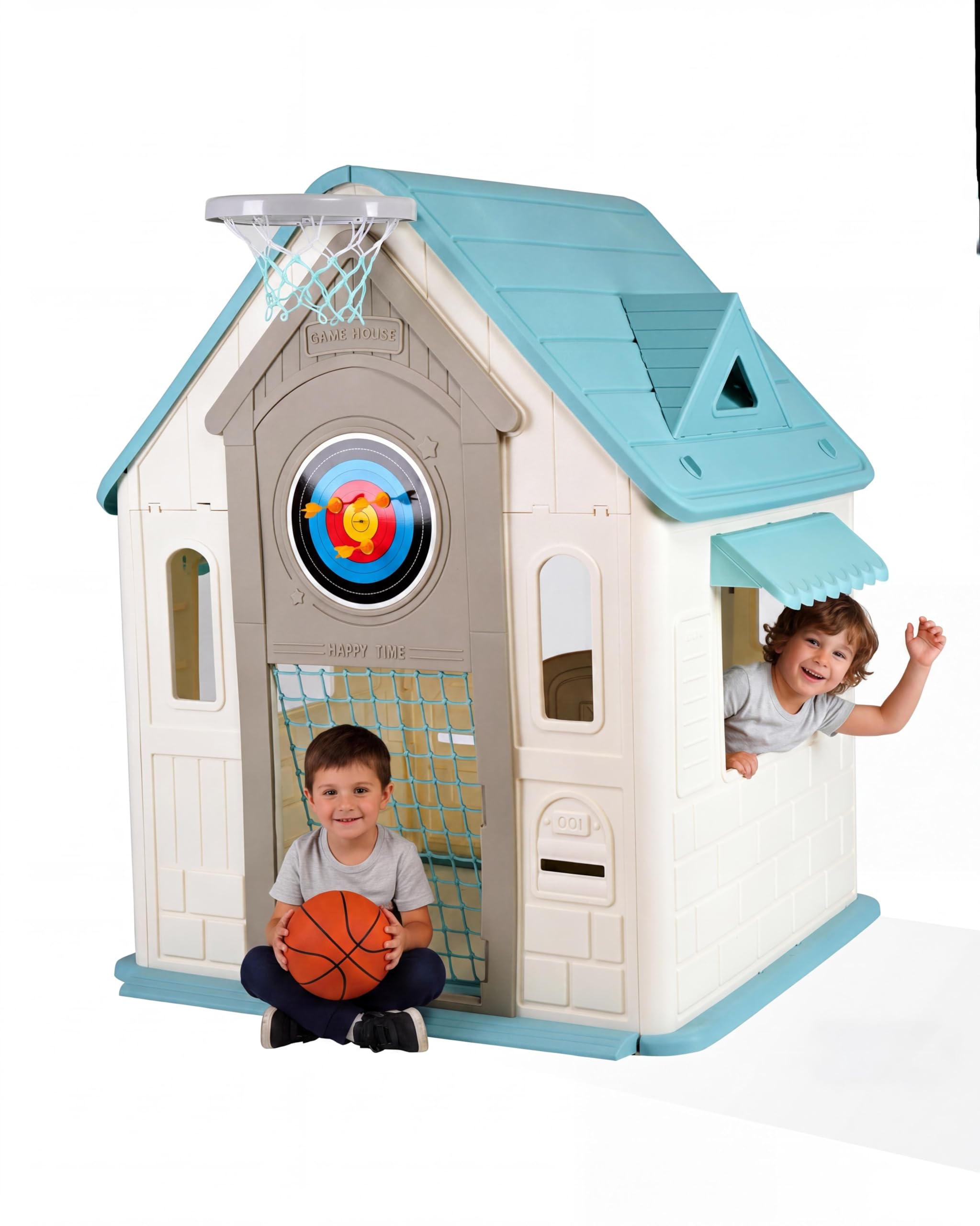 Kids Playhouse Cottage, 4-in-1 Toddlers Outdoor Playhouse for Imaginative Play, with Magnetic Dartboard, Basketball Hoop, Ring Toss, Soccer Goal, Green&White