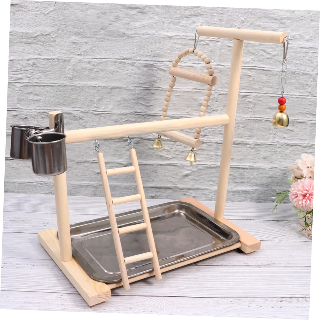 Percha para Pájaros de Madera y Acero Inoxidable Parque Columpio Escalera y Campana Juguete Colgante para Jaulas de Periquitos y Pequeños Color Aleatorio Color Aleatorio
