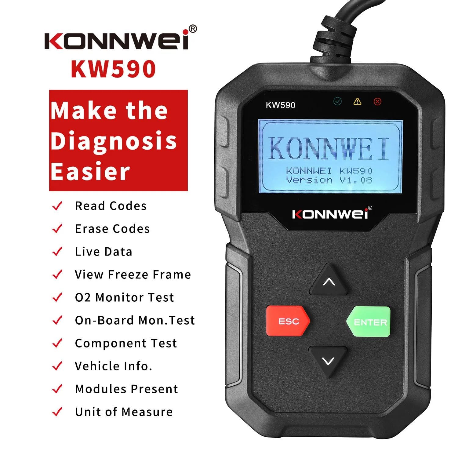 Konnwei KW680 OBD2 Scanner, Universal Car Diagnostic Tool, 2.4 Inch Color Screen, Multi-Language Support, Read and Clear Error Codes, Live Data Streaming, Real-Time Software Updates