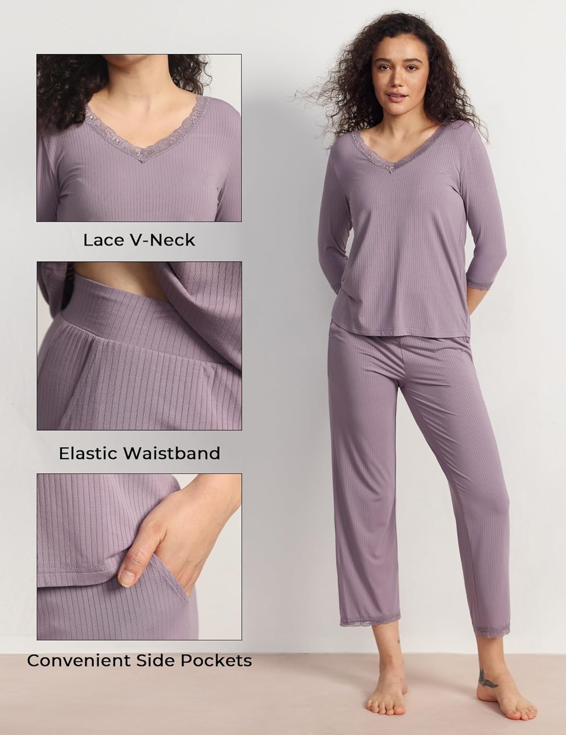 GYS Women's Pajamas Set Soft Comfy V Neck 3/4 Sleeve Top and Cropped Pants 2 Piece Sleepwear - Image 4