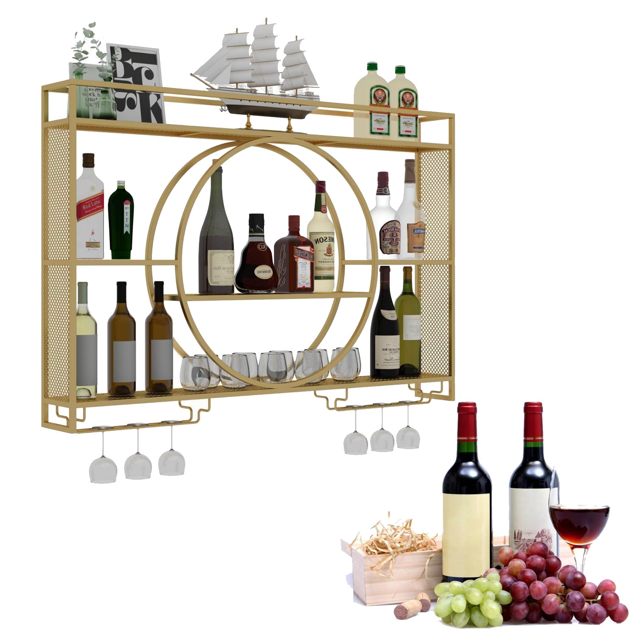 Étagère à vin murale avec support verres et lumière LED pour mini-bar de salon moderne