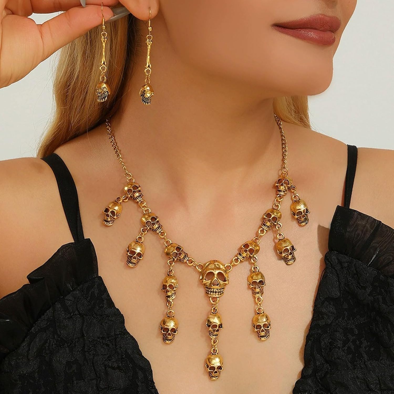 Halloween Skull Necklace Earrings Set for Women Gothic Skull Head Pendant Necklace Set Punk Skeleton Necklace Halloween Jewelry Gifts - Image 2