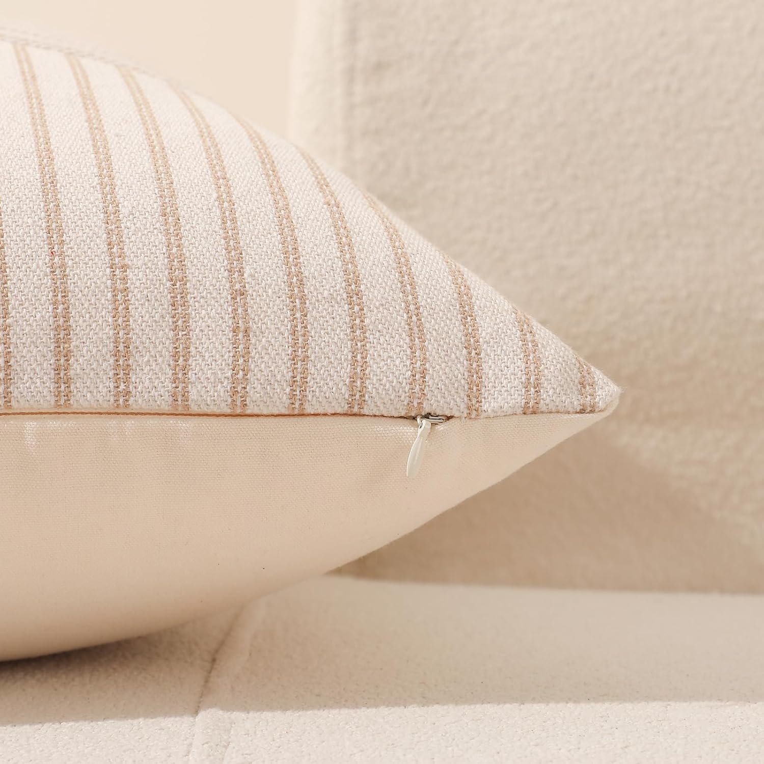Hckot Khaki and Beige Patchwork Farmhouse Throw Pillow Covers 22 x 22 Inch, Pack of 2 Striped Linen Decorative Pillow Case for Sofa Couch Chair Bedroom Modern Decor (22" x 22", Khaki)