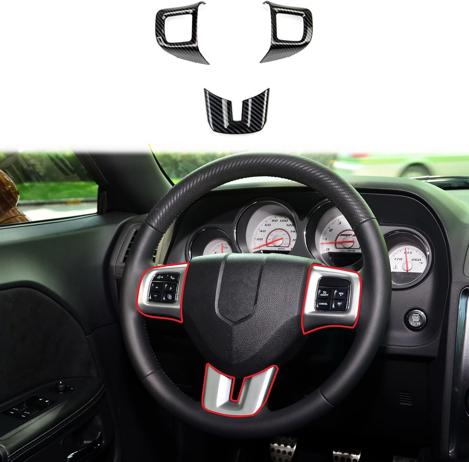 JSTOTRIM Steering Wheel Carbon Fiber Moulding Chrome Cover Trims kit for 2010 2011 2012 2013 2014 Dodge Challenger Charger Dart Durango and Journey Accessories
