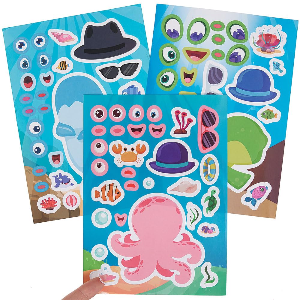 Baker Ross VC233 Make a Face Sealife Sticker Kits - Pack of 8, Sea Creature Face Sticker Crafts