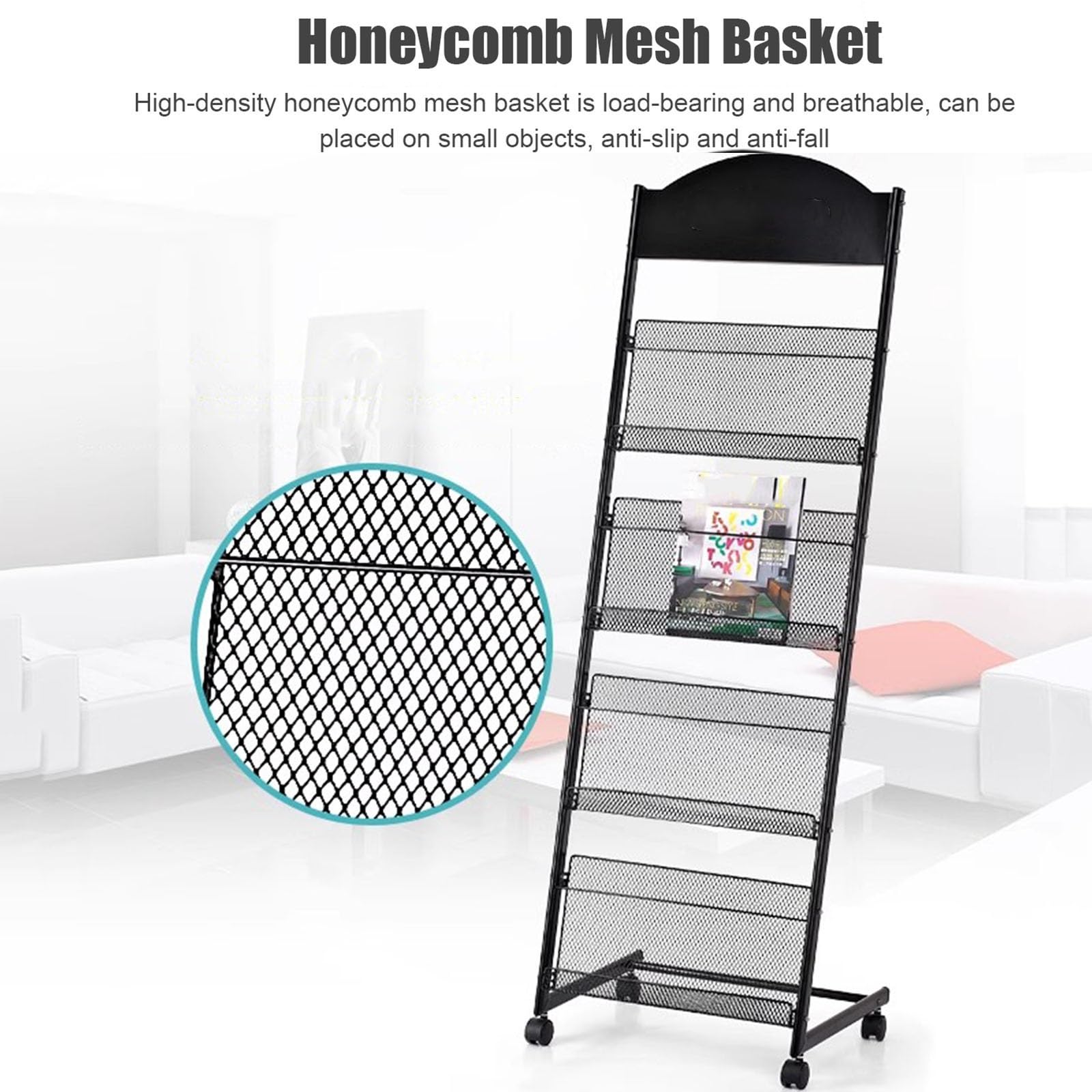 Portariviste da Pavimento per giornali, Portadocumenti in Ferro Nero a 4 Strati, espositore per Libri con 4 Ruote universali,70x146cm