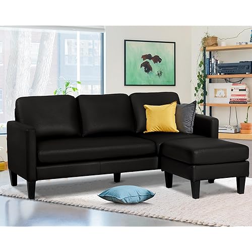 Faux Leather Sectional Couch, L Shaped Sofa with 3 Seater Couch and Reversible Chaise Convertible PU Leather Comfy Couches for Living Room (Black)