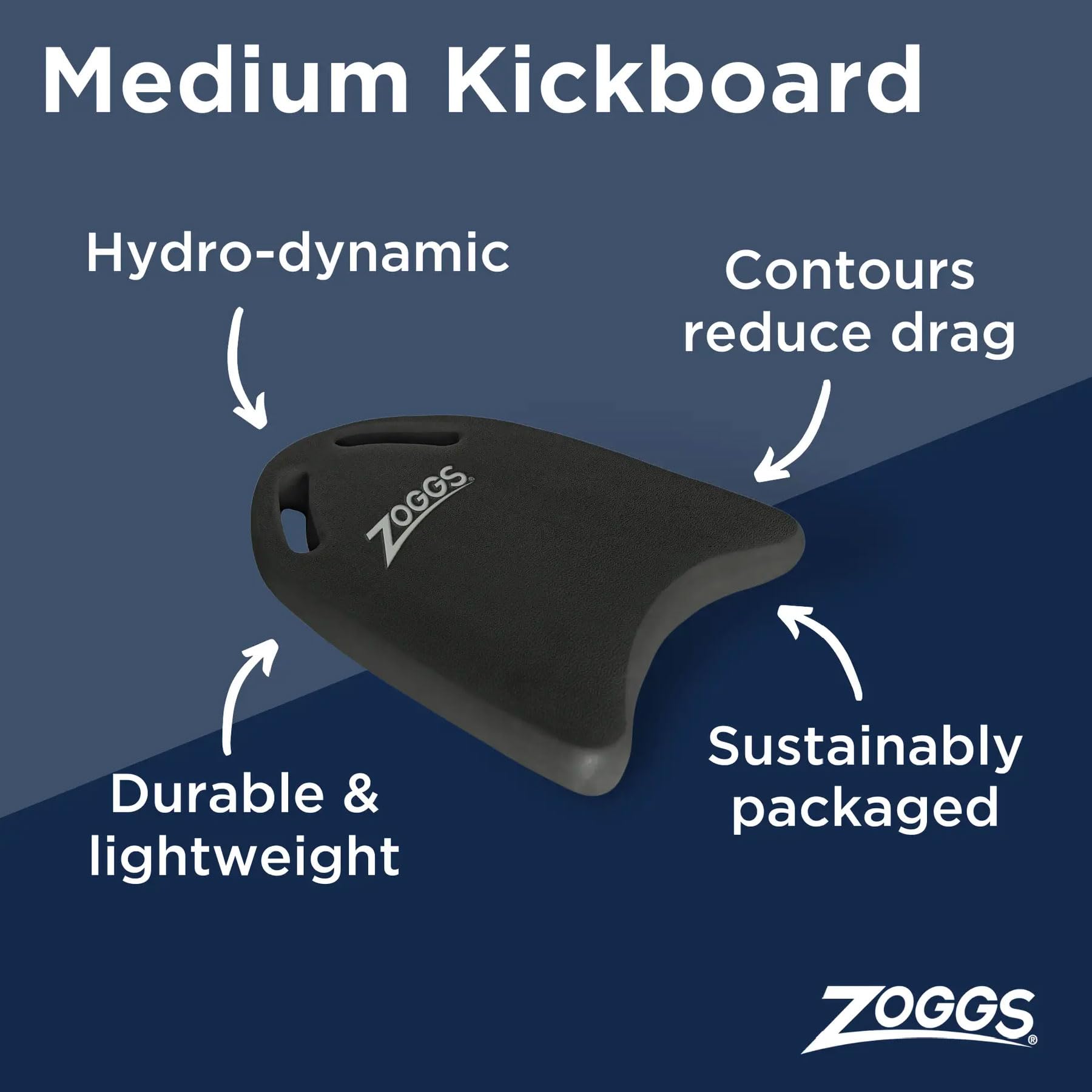 ZOGGS EVA Kickboard - Durable High Density Ergonomic Design EVA Foam Kickboard for Adults and Teens wHand Holes for Swimming, Black, Medium.