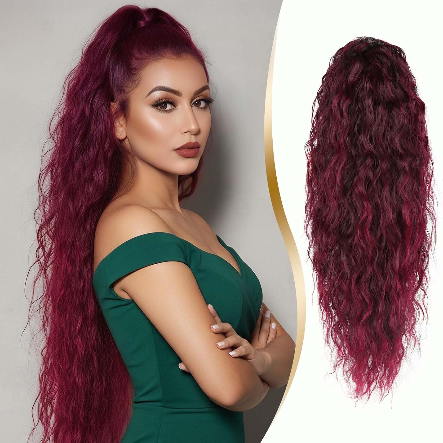 Ponytail Extensions, Ombre Burgundy Claw Long Wavy Pony Tail, 30 Inch Curly Clip in Hair Extensions, Natural Looking Fluffy Synthetic Hairpieces for Women Daily Use