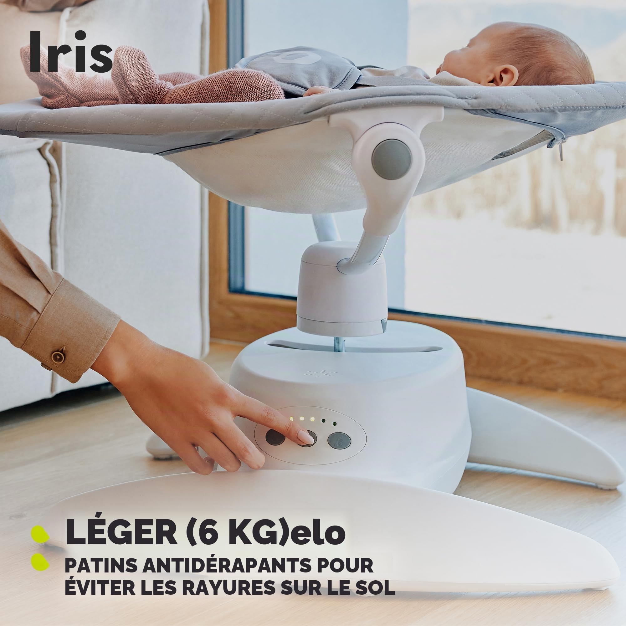 LIONELO Iris Transat Balancelle Électrique Pivotante 360 o pour Bébés jusqu'à 9 kg Dossier Réglable, 5 vitesses de Balancement, Sangles de Sécurité Antidérapantes