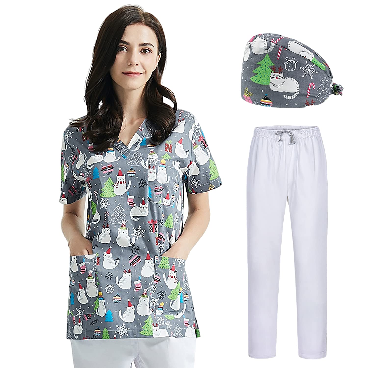 Scrub Uniform Top Clothes Wrap Top with Multiple Cotton Animal Flower Print Beauty Women Work-wear Lab Pet Shop