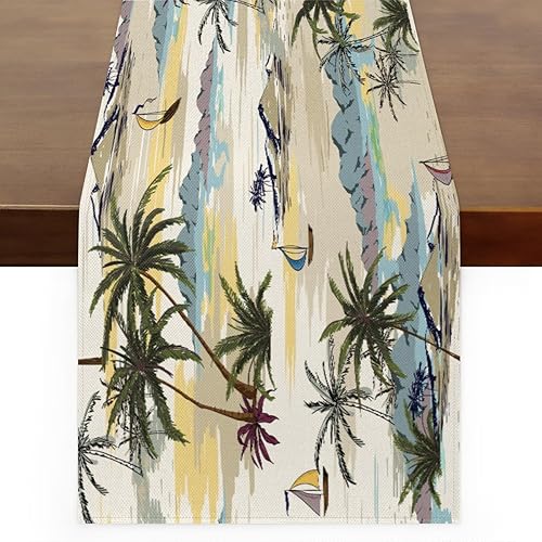 Table Runner Sea Palms Sailboats, Autumn Rustic Linen Table Cloth Kitchen Dining Table Decor for Home Party 13 x 72 Inches