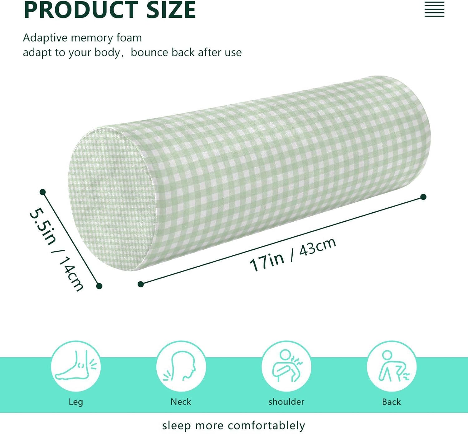 Round Pillow with Cover Green Gingham Checkered Neck Roll Bolster Pillows Cervical Pillow Case Memory Foam Neck Support for Sleeping - Image 3