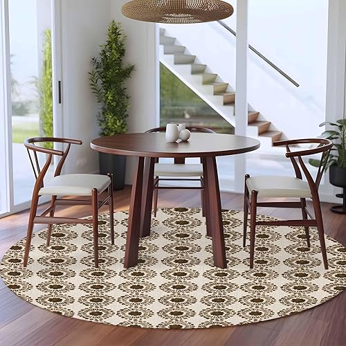 Miniatura 4 de 7ft Round Rug, Ethnic Floral Non-Skid Rubber Backing Large Area Rugs - Living Room Bedroom Home Office, Retro Tribes Watercolor Flowers Beige Indoor