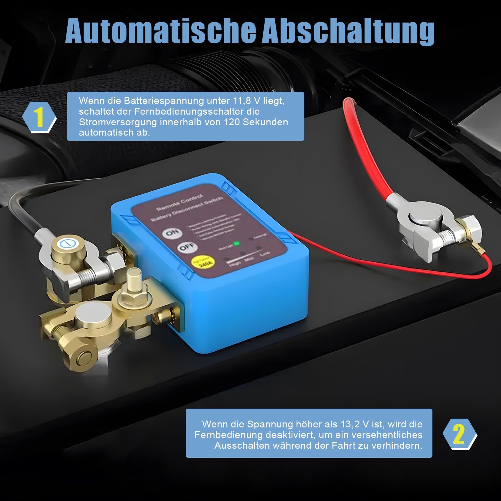 Drahtlose Fernbedienung Auto Isolator Schalter,12V/24V Batterie Trennschalter 240A,Kill Switch Anti-Diebstahl Automatische Abschaltung Batterietrennschalter (Standard)
