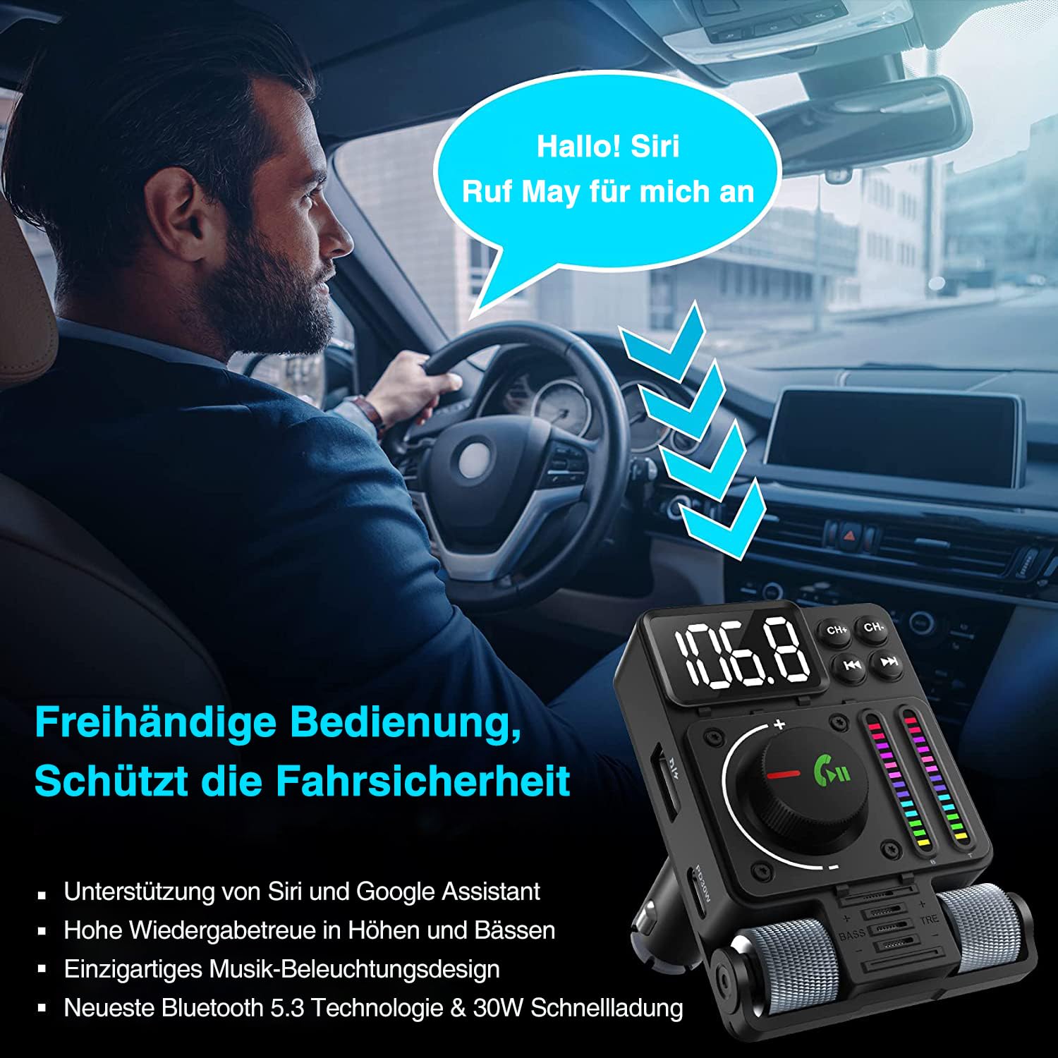 GizmoVine Nadajnik samochodowy Bluetooth 5.3 FM, adapter radia z PD 30 W i USB 12 W, telefon do Mani Libere, odtwarzacz MP3 zapalniczka, uchwyt USB, 64 GB, Accenti i Bassi