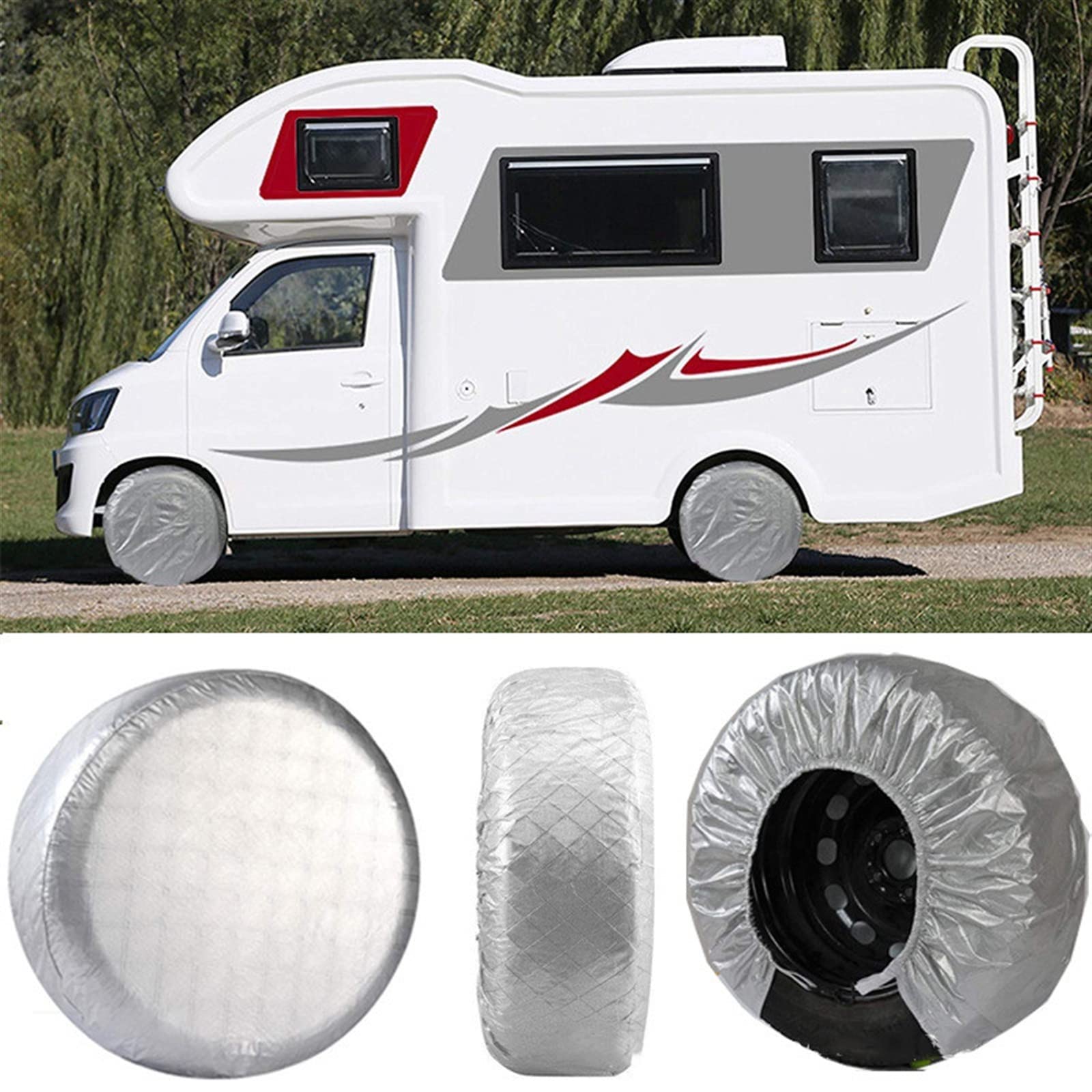 Juego de 4 fundas para neumáticos de coche, protector solar de viaje, remolque, camión, SUV, autocaravana, impermeable, cubierta de rueda de aluminio impermeable para neumáticos protectores solares