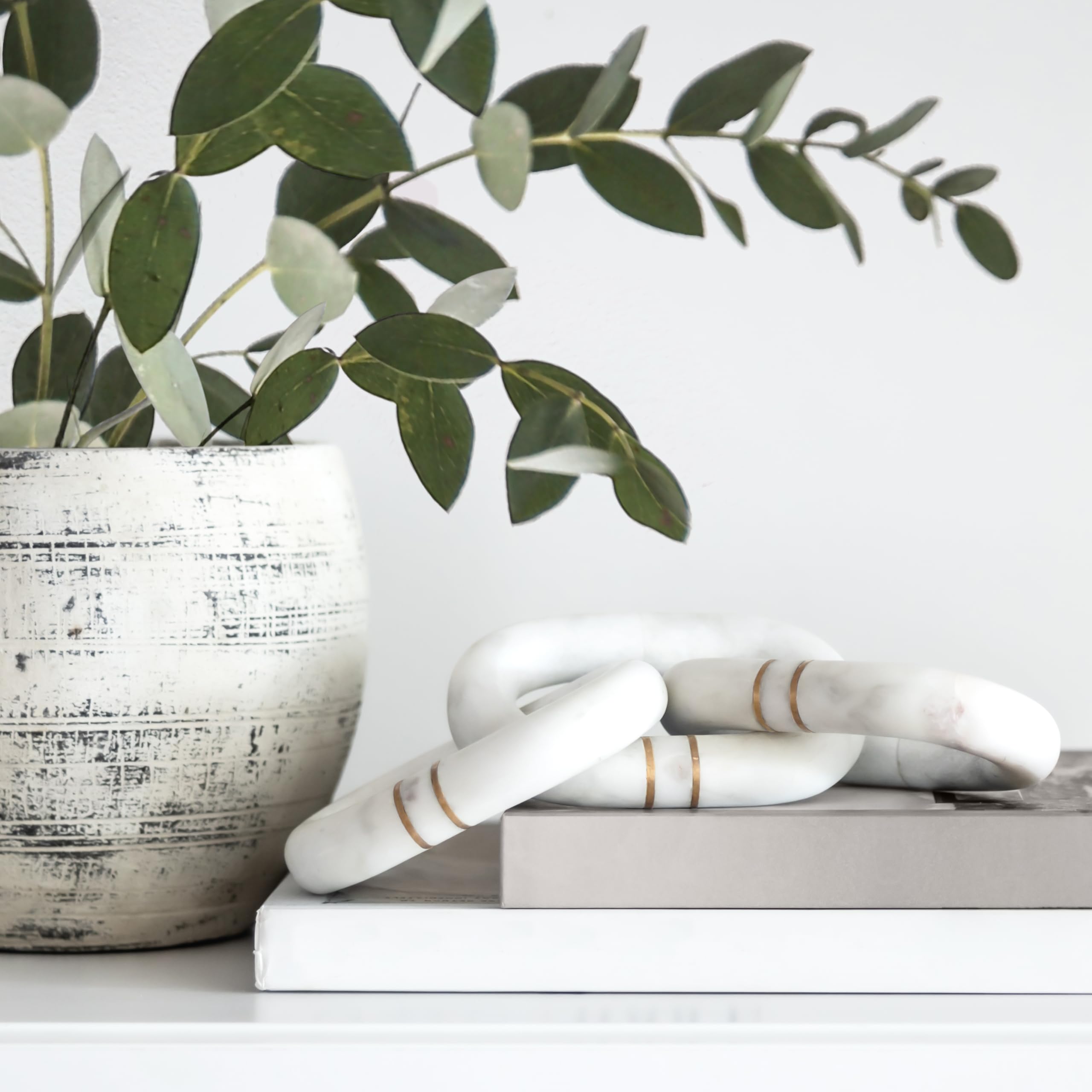 13" White Marble Chain Link Decor with Brass Detail - Handcrafted Marble Decor, Chain Decor, Decorative Objects for Coffee Table Books Decor