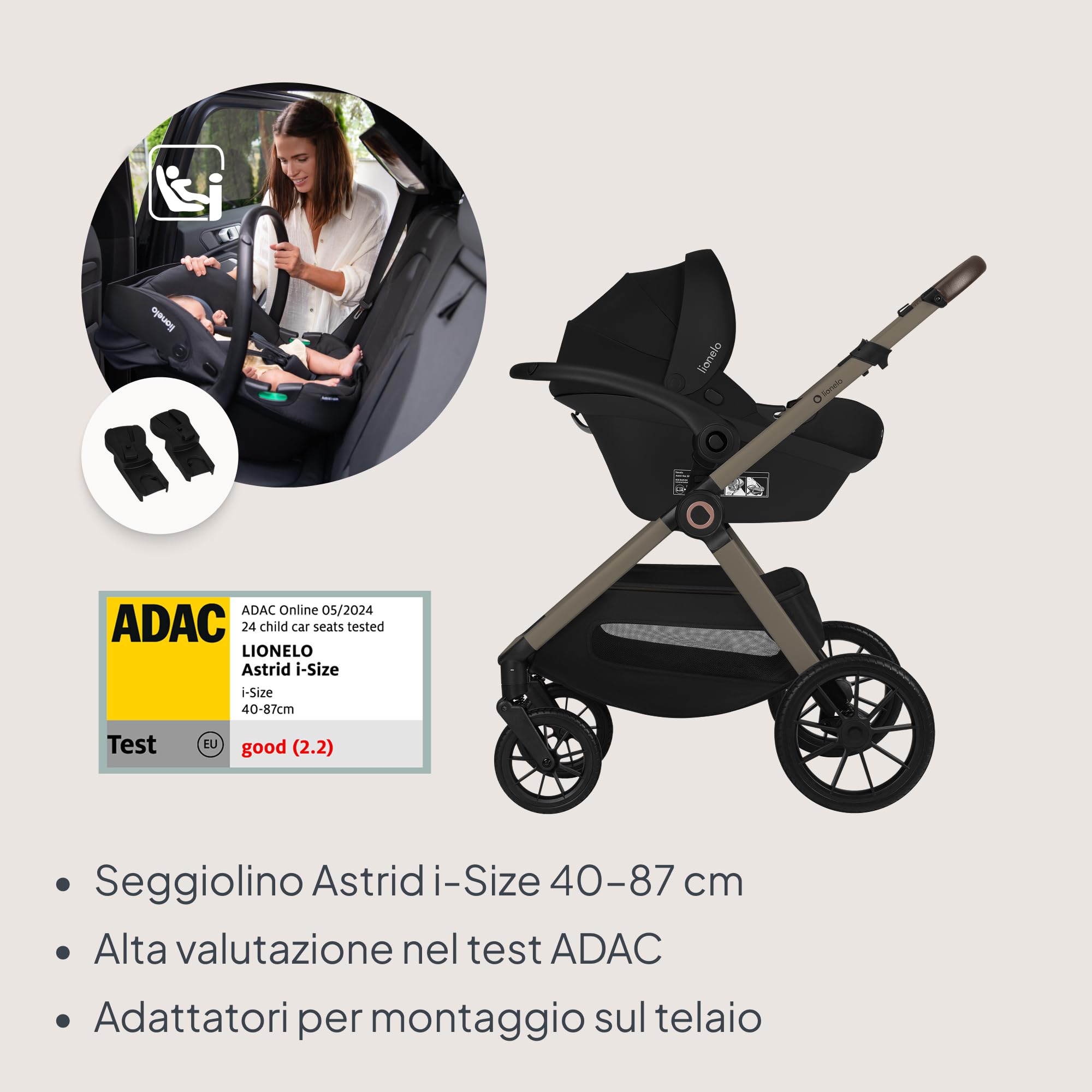 LIONELO Layla Passeggino 3 in 1 con Navicella e Seggiolino Auto, 0-48 Mesi | Fino a 22 kg, Navicella fino a 9 kg, Schienale e Poggiapiedi Regolabili, Ruote PU 360°, Sospensioni Complete, Cappottina XXL