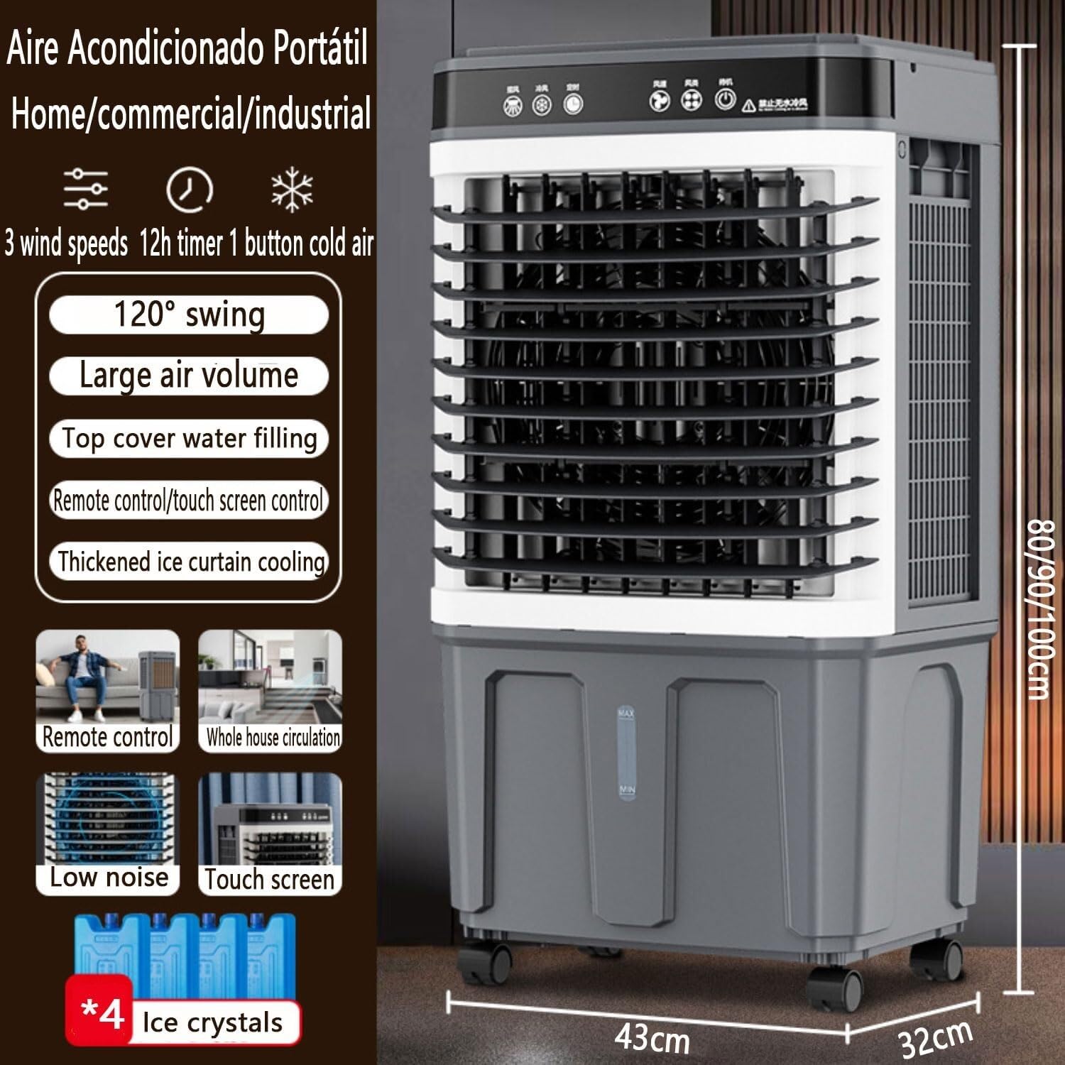 Przenośna chłodnica wyparna, podwójny zbiornik 3L+5L | Wentylator, nawilżacz i chłodzenie 3 w 1. Oscylacja 120° + 90°, 3 stopnie prędkości (typ zdalnego sterowania, 80 cm)
