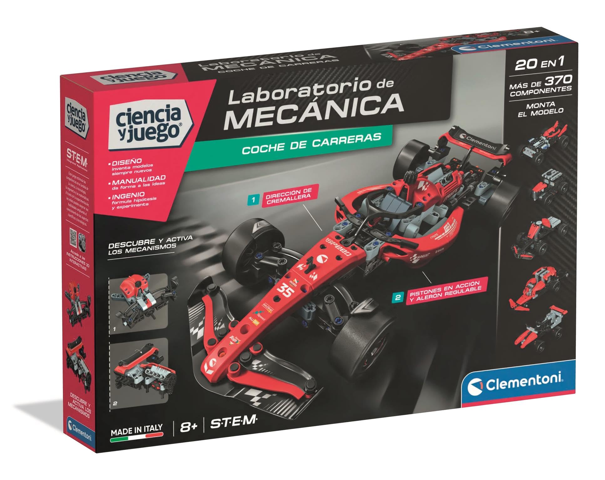Clementoni - Mechanics - Coche de Carreras - Laboratorio de mecánica - Ultrarápido - Kit con mas de 370 Piezas - con mecanismos de piñón y Cremallera y dirección - A Partir de 8 años - 55624