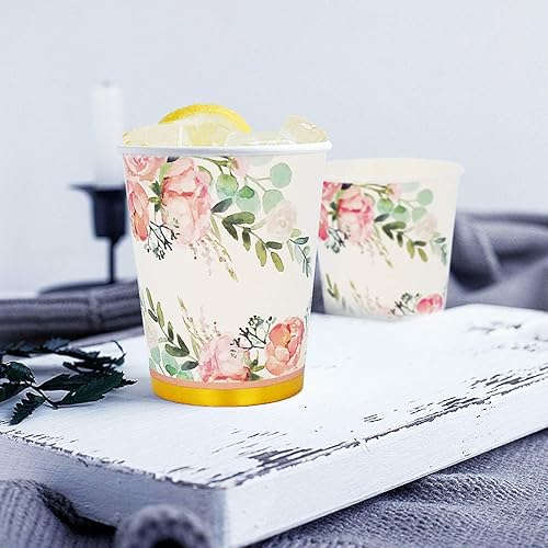 Vista 8 de Suministros florales para fiestas, juegos de platos de papel y servilletas para 24 invitados, incluye platos de papel desechables florales, tazas