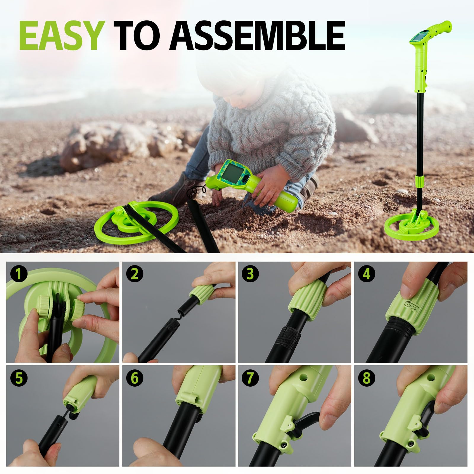Rivelatore di metallo per bambini ad alta precisione con display LCD, 60-86 cm, regolabile, leggero, per esplorare all'aperto, regalo per bambini, principianti