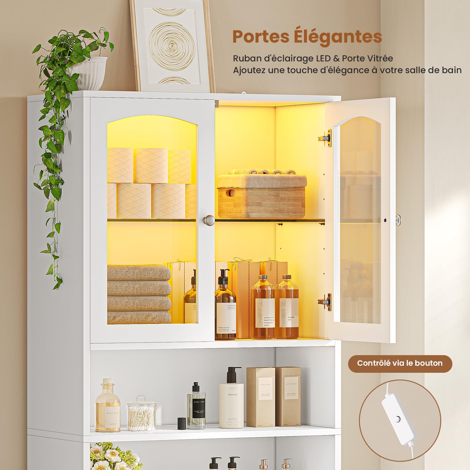 Meuble Colonne Salle de Bain avec Éclairage LED, Armoire de Rangement avec 2 Étagères Réglables, 2 Porte en Verre, Gain de Place, Armoire Haute pour Salon Cuisine, 60 x 29.5 x 179 cm, Blanc