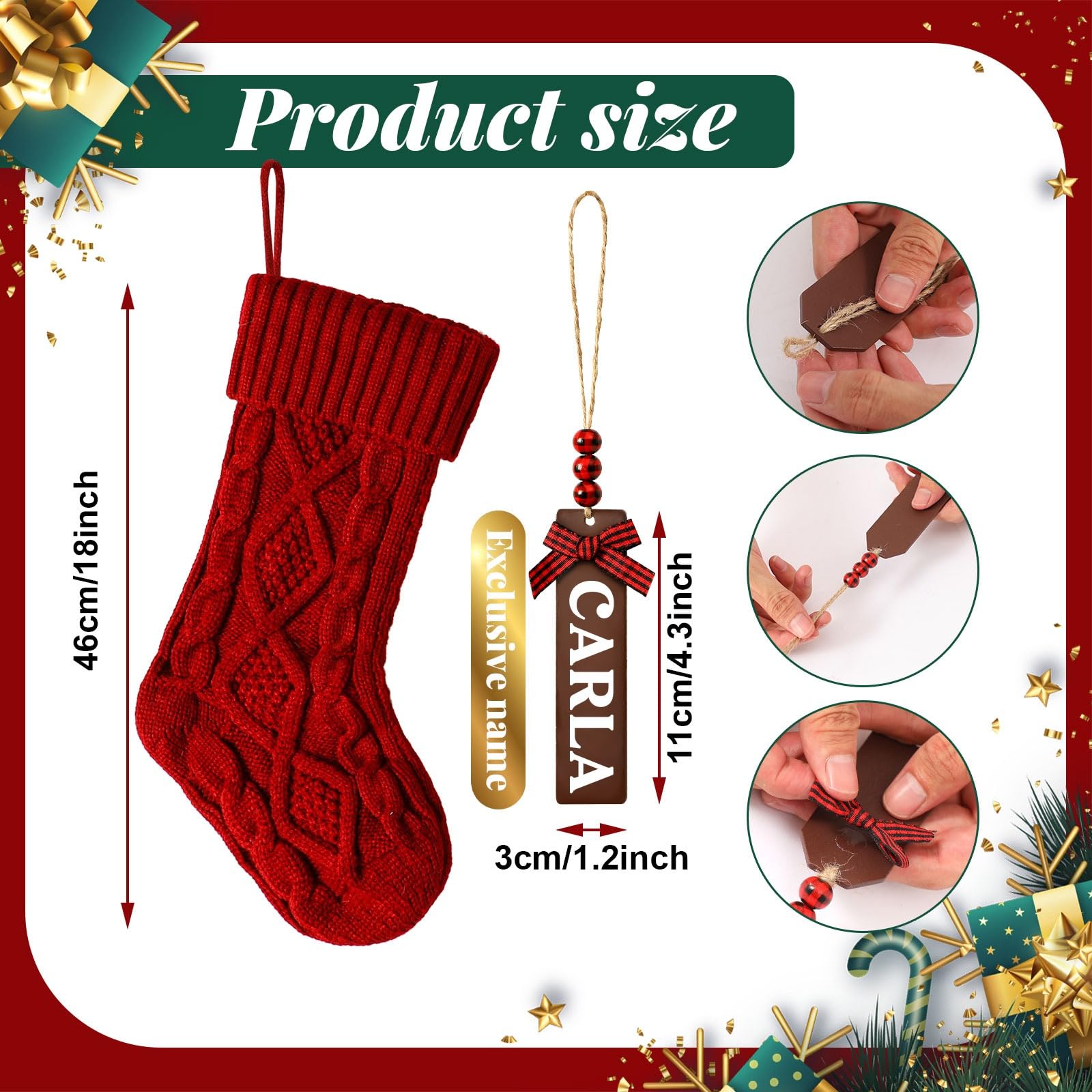 Set 4 Calze Natalizie Rosse Lavorate A Maglia 46 Cm Con Targhette Legno Personalizzabili - Decorazioni Per Camino, Scala, Albero - Regali - 5