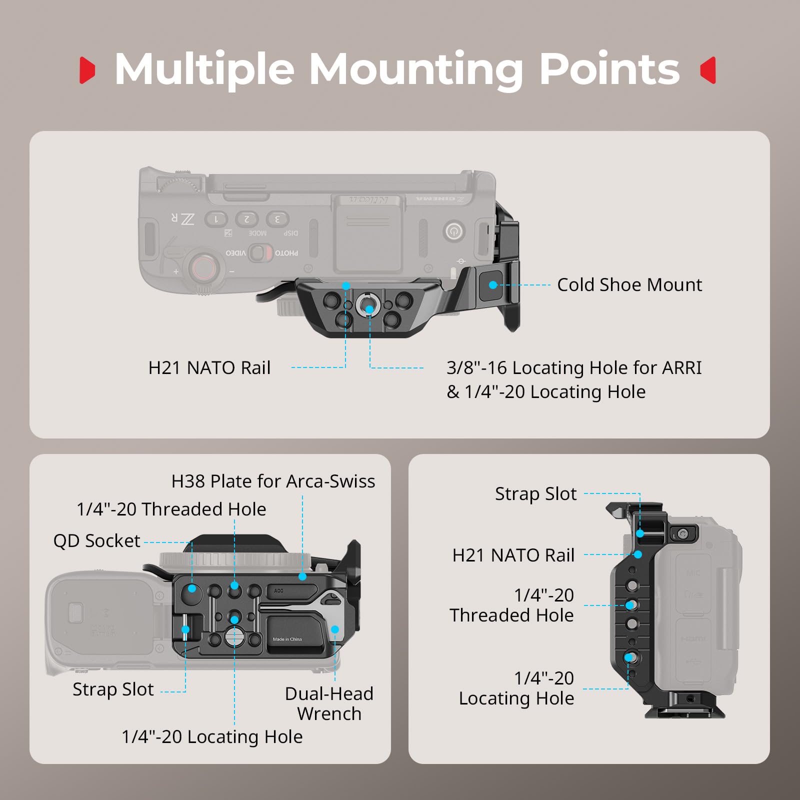 SMALLRIG Halbkäfig für Nikon ZR, HawkLock NATO-Schnellwechselschiene, 1/4"-20 Gewindebohrungen, QR-Platte für Arca, für DJI RS 4 / RS 4 Pro/RS 3 Pro Gimbals, für Arca-Swiss-kompatible Stative - 5905