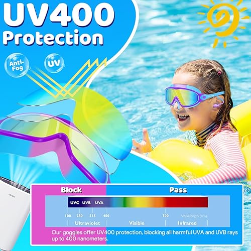 Miniatura 3 de Vvinca Gafas de natación para niños, con tapones para los oídos y clip para la nariz, visión amplia, antivaho y UV, para niños y niñas de 3 a 15