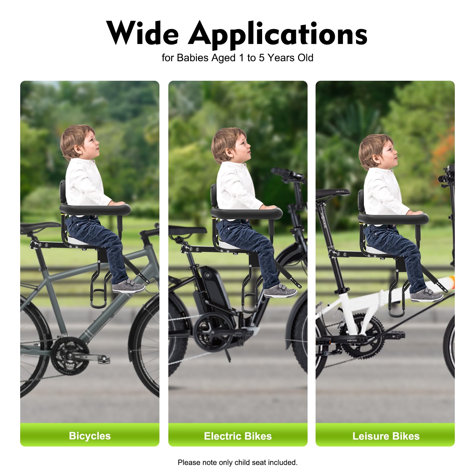 Siège de vélo pour enfant avant, siège enfant avant – Fixation en deux points pour la stabilité, réglable et amovible, grande capacité de charge jusqu'à 80 kg, pour les enfants de 1 à 5 ans