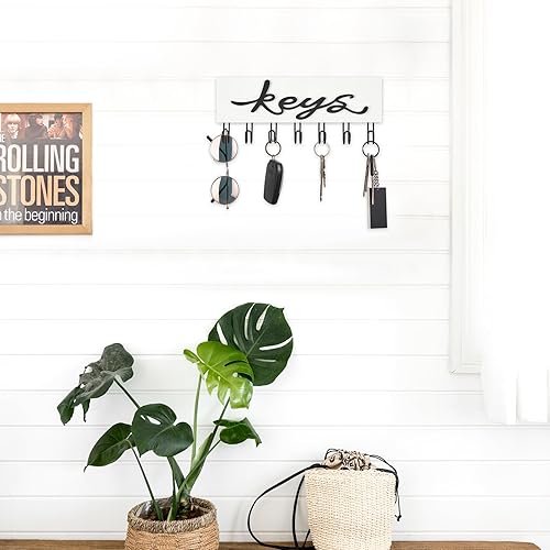 Miniatura 4 de Mkono Soporte para llaves decorativo de pared con 7 ganchos, organizador de llaves montado en la pared, ganchos colgantes de madera rústica, ganchos