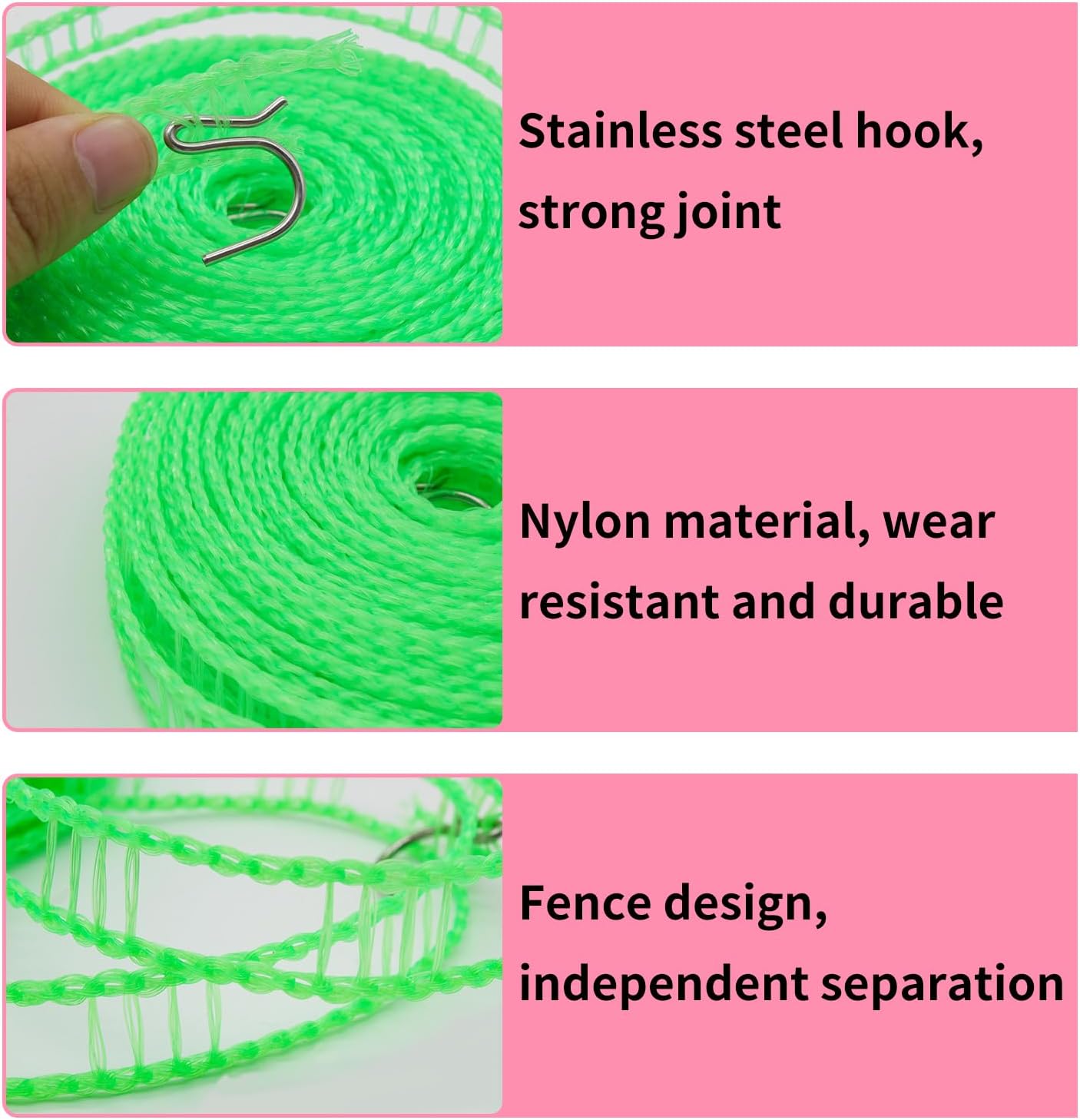 Windproof Travel Clothesline 2pcs, 16m Plastic Portable Washing Line Travel Laundry Line with 2 Hooks, Portable Fence Style Non Slip Clothes Line Ropes Outdoor Clothesline (Pink) image 2