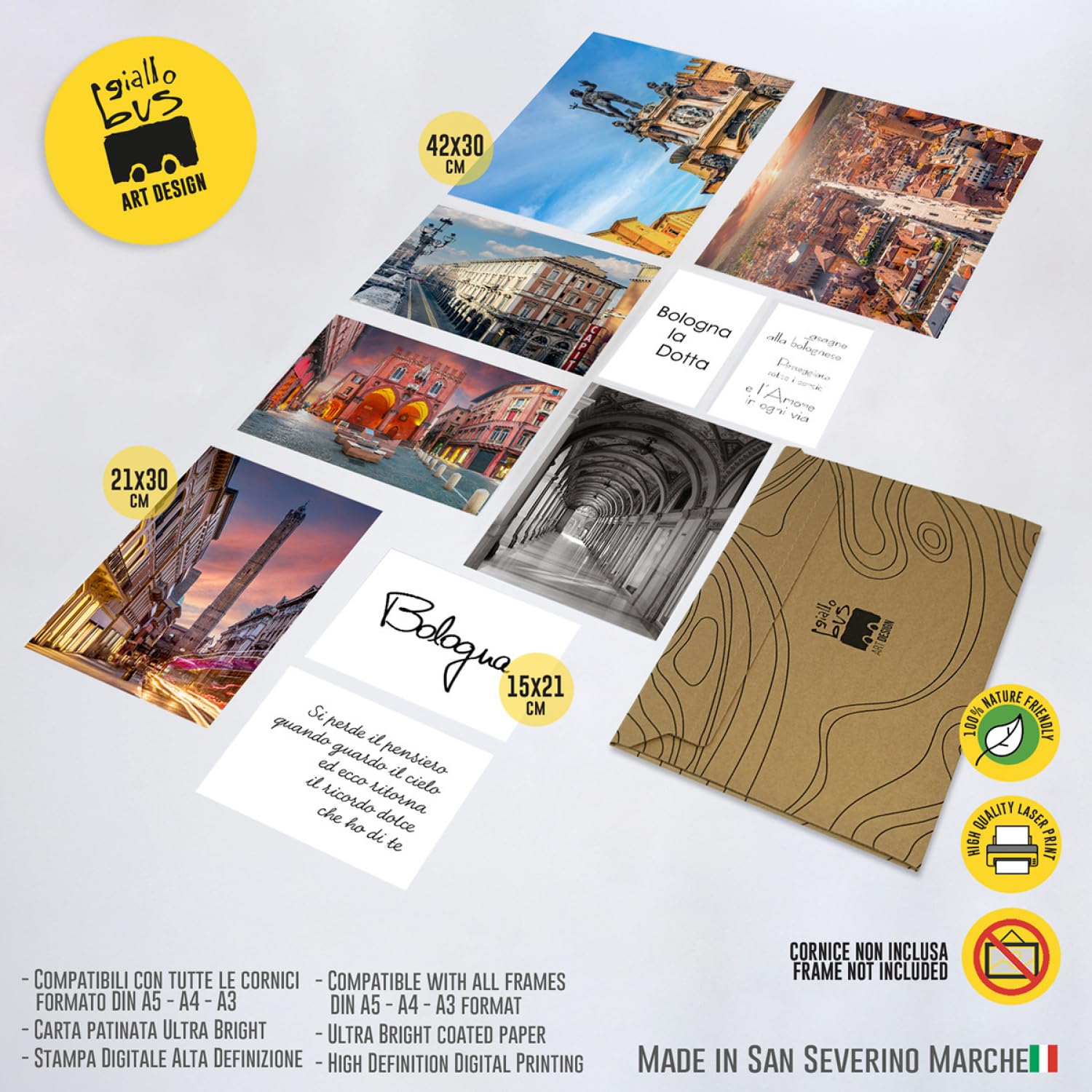 Giallobus - Set 10 poster da parete - Raccolta città Bologna - Carta Patinata - | 2 x A3 42x30cm | 4 x A4 30x21cm | 4 x A5 21x15cm | - SENZA CORNICI - Stampe moderne soggiorno