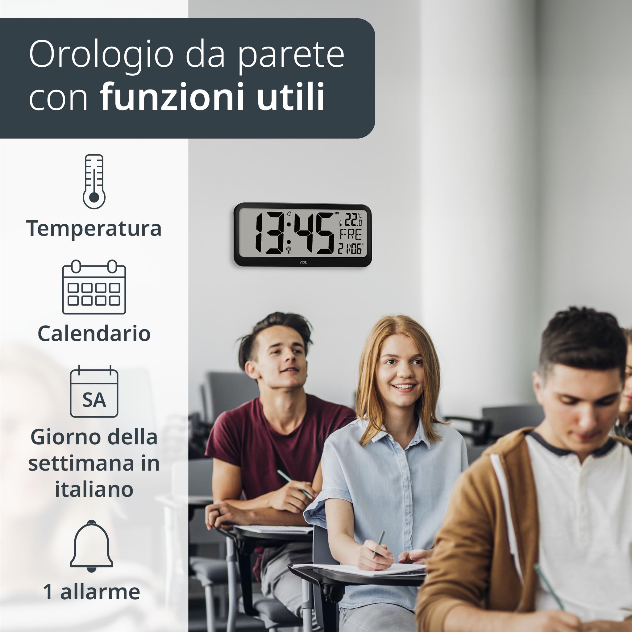 ADE Orologio digitale radiocontrollato con cifre XXL | grande orologio da tavolo e da parete con calendario | termometro e funzione di sveglia | perfetto per anziani, portatori di occhiali, ipovedenti